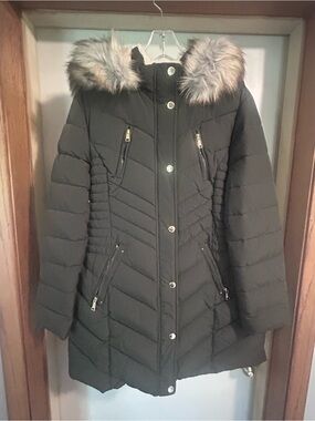 Halitech Dark Green Quilted Puffer Coat with Faux Fur Hood